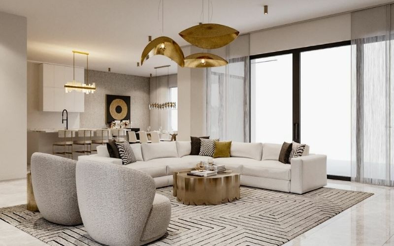 Trần phẳng cho phòng khách hiện đại gam màu trắng, nhấn điểm đèn thả độc đáo Trần phẳng cho phòng khách hiện đại gam màu trắng, nhấn điểm đèn thả độc đáo