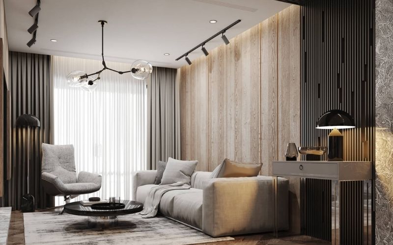 Trần phẳng cho phòng khách hiện đại gam màu trầm, bố trí đèn thả hình khối Trần phẳng cho phòng khách hiện đại gam màu trầm, bố trí đèn thả hình khối