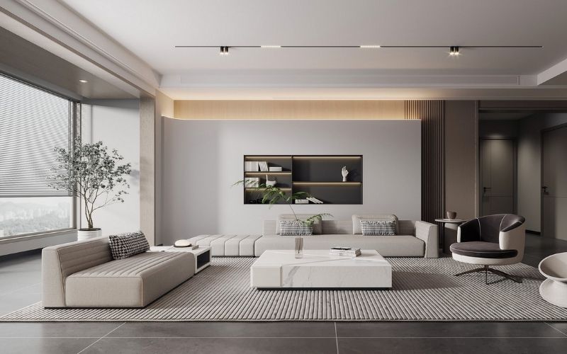 Trần giật cấp kín cho phòng khách, bố trí cây xanh tạo sự thoáng đãng Trần giật cấp kín cho phòng khách, bố trí cây xanh tạo sự thoáng đãng