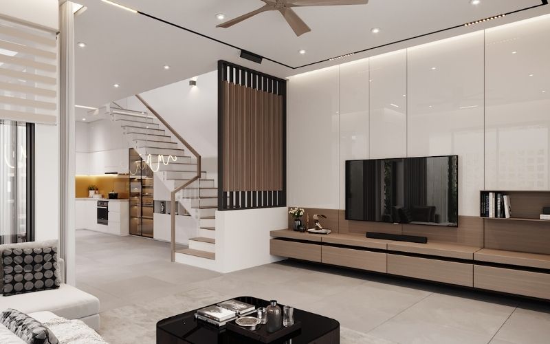 Mẫu vách ngăn phòng khách và bếp kiểu lam sắt độc đáo, nhấn điểm quạt trần Mẫu vách ngăn phòng khách và bếp độc đáo và sáng tạo