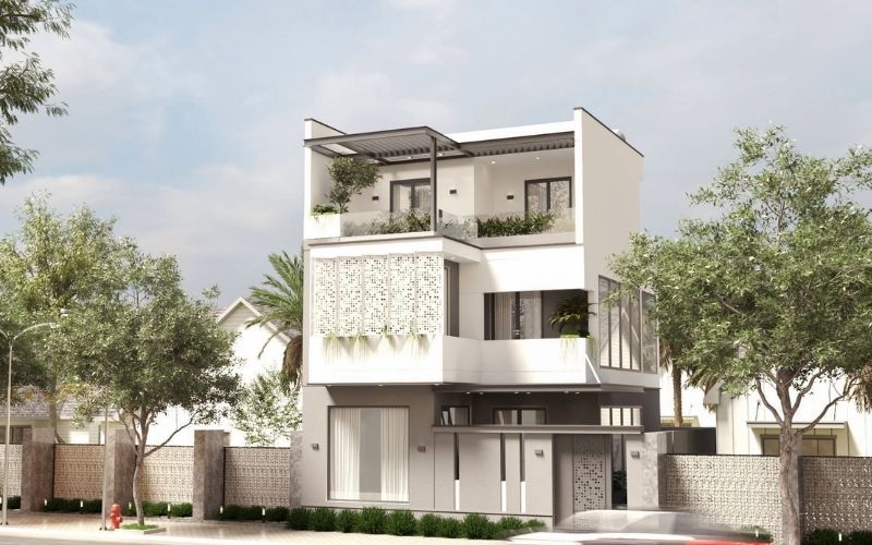 Sơn mặt tiền nhà phố màu trắng sứ, kết hợp trồng cây xanh tươi mát Sơn mặt tiền nhà phố màu trắng sứ, kết hợp trồng cây xanh tươi mát