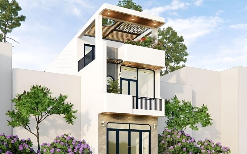 Sơn mặt tiền nhà phố màu trắng sứ hiện đại, bố trí cây xanh thoáng đãng Sơn mặt tiền nhà phố màu trắng sứ hiện đại, bố trí cây xanh thoáng đãng