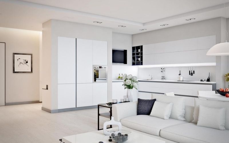 Màu trắng sứ phối với tone màu đen cho nội thất phòng khách và bếp Màu trắng sứ phối với tone màu đen cho nội thất phòng khách và bếp