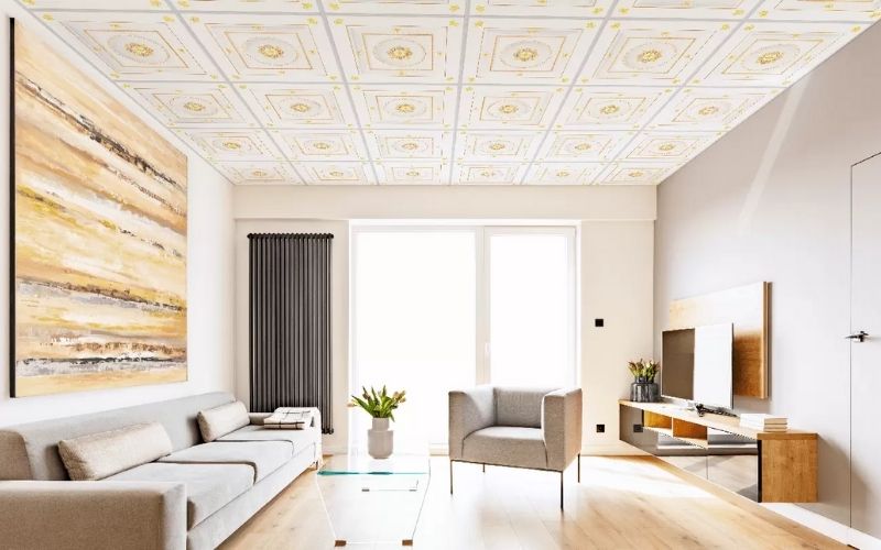 Mẫu trần nổi với hoa văn nổi bật cho phòng khách chung cư Mẫu trần nổi với hoa văn nổi bật cho phòng khách chung cư