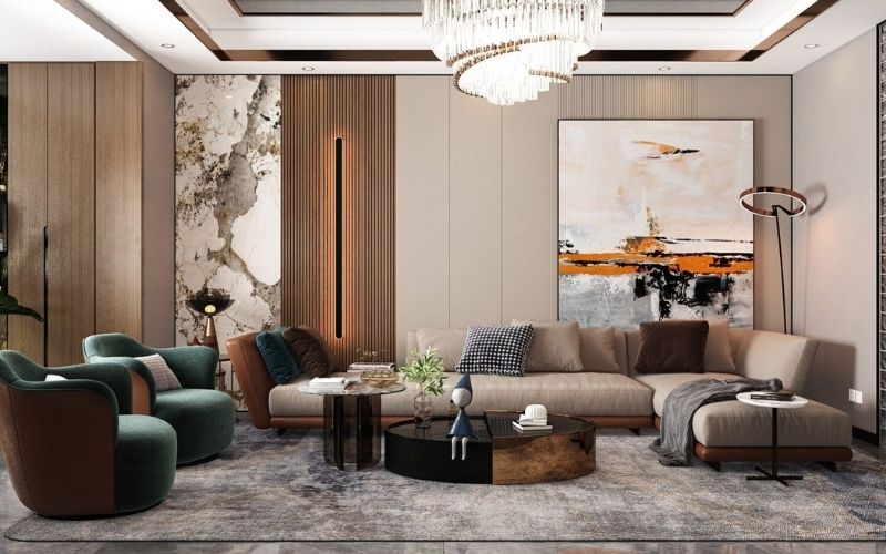 Trần giật 2 cấp cho phòng khách nhà phố, kết hợp đèn pha lê sang trọng Trần giật 2 cấp cho phòng khách nhà phố, kết hợp đèn pha lê sang trọng