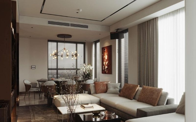 Trần phẳng với tone màu kem thanh lịch, nhấn điểm hoa để bàn Trần phẳng với tone màu kem thanh lịch, nhấn điểm hoa để bàn