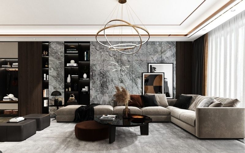 Trần giật cấp kín cho phòng khách nhà phố, nhấn điểm đèn thả trần sang trọng Trần giật cấp kín cho phòng khách nhà phố, nhấn điểm đèn thả trần sang trọng