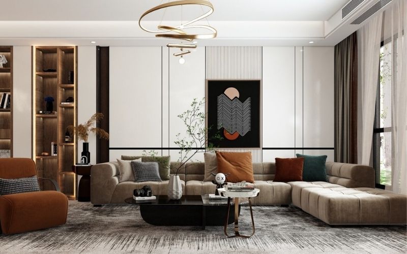Trần thạch cao phòng khách nhà phố gam màu sáng, bố trí nội thất hiện đại Trần thạch cao phòng khách nhà phố gam màu sáng, bố trí nội thất hiện đại