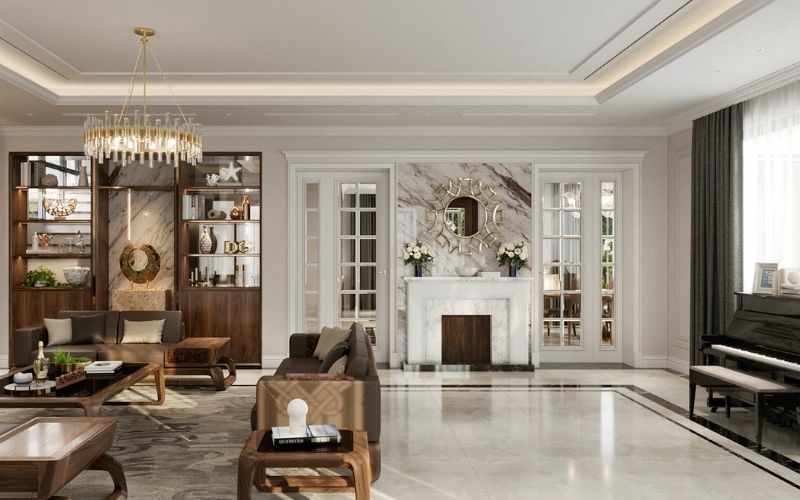 Trần thạch cao phòng khách nhà phố phong cách Tân cổ điển, nhấn điểm đèn chùm Trần thạch cao phòng khách nhà phố phong cách Tân cổ điển, nhấn điểm đèn chùm