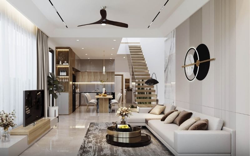 Trần giật cấp kín phòng khách nhà ống, kết hợp quạt trần sang trọng Trần giật cấp kín phòng khách nhà ống, kết hợp quạt trần sang trọng