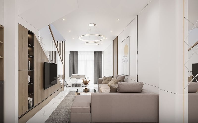 Trần thạch cao phòng khách nhà ống, bố trí đèn led cùng đèn thả hiện đại Trần thạch cao phòng khách nhà ống, bố trí đèn led cùng đèn thả hiện đại