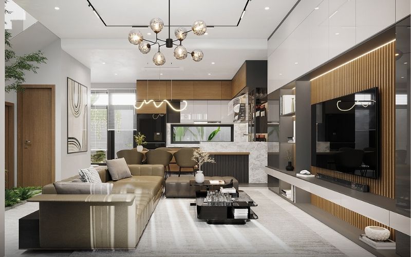 Trần thạch cao phòng khách nhà ống liền bếp với nội thất màu gỗ sang trọng Trần thạch cao phòng khách nhà ống liền bếp với nội thất màu gỗ sang trọng
