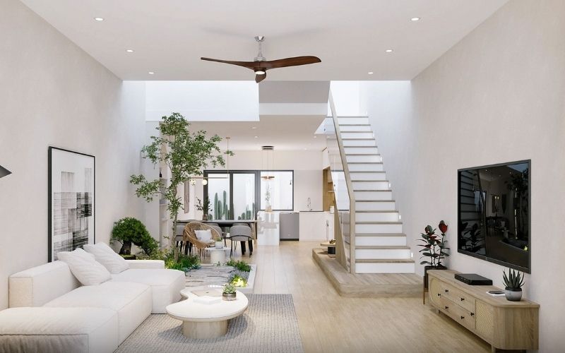 Trần phẳng phòng khách nhà ống, bố trí cây xanh tạo sự tươi mát Trần phẳng phòng khách nhà ống, bố trí cây xanh tạo sự tươi mát