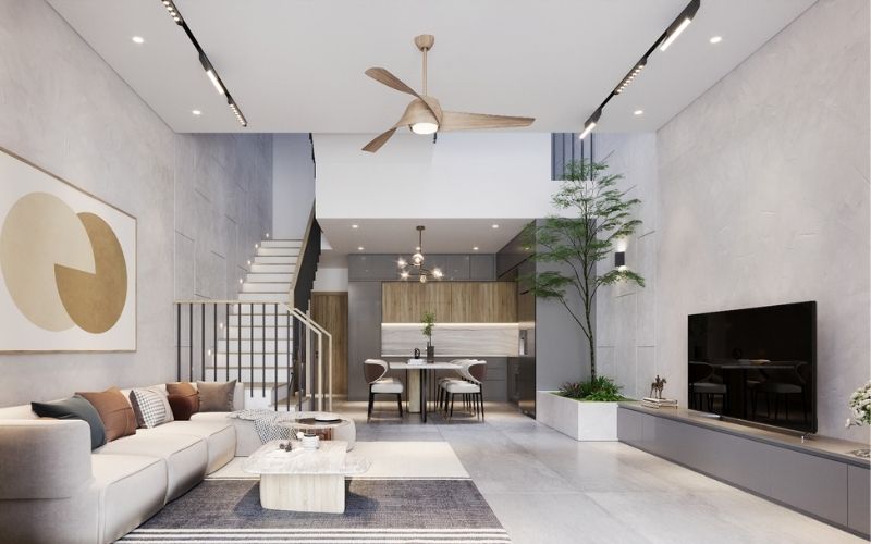 Trần phẳng phòng khách nhà ống kết hợp đèn led âm trần hiện đại Trần phẳng phòng khách nhà ống kết hợp đèn led âm trần hiện đại