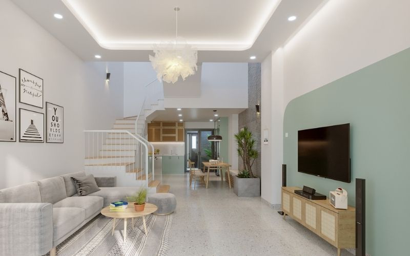 Trần giật cấp kín phòng khách nhà ống kết hợp đèn thả độc đáo Trần giật cấp kín phòng khách nhà ống kết hợp đèn thả độc đáo