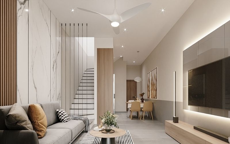 Trần phẳng phòng khách nhà ống theo phong cách hiện đại cực ấn tượng Trần phẳng phòng khách nhà ống theo phong cách hiện đại cực ấn tượng