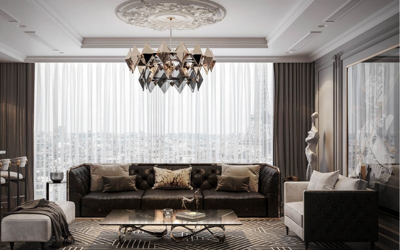 Trần giật cấp kín phòng khách Tân cổ điển, nhấn điểm đèn khối tráng gương Trần giật cấp kín phòng khách Tân cổ điển, nhấn điểm đèn khối tráng gương