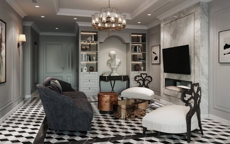 Trần giật cấp kín phòng khách Tân cổ điển, nhấn điểm đèn chùm sang trọng Trần giật cấp kín phòng khách Tân cổ điển, nhấn điểm đèn chùm sang trọng