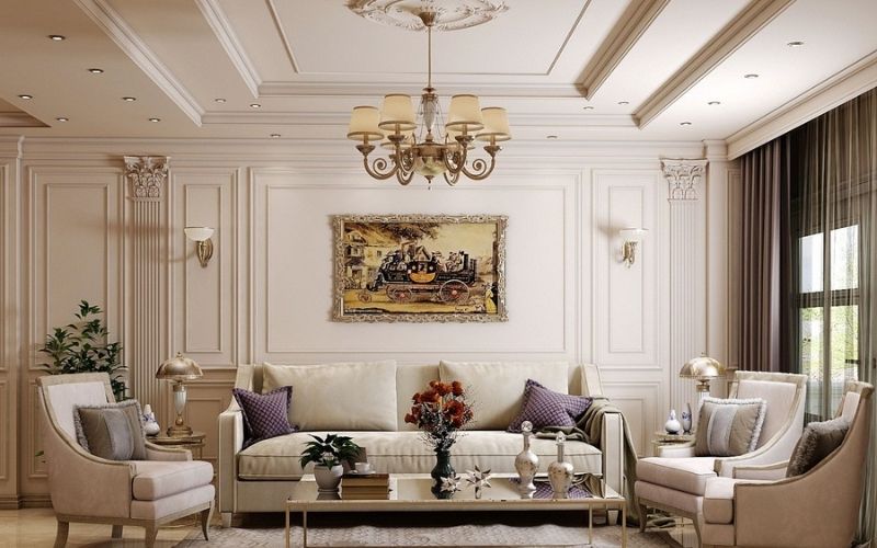 Trần thạch cao phòng khách Tân cổ điển màu kem, nhấn điểm tranh treo tường Trần thạch cao phòng khách Tân cổ điển màu kem, nhấn điểm tranh treo tường
