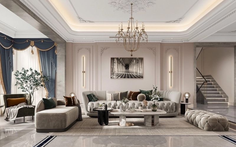 Trần giật cấp hở phòng khách Tân cổ điển, bố trí tường hoa văn tinh tế Trần giật cấp hở phòng khách Tân cổ điển, bố trí tường hoa văn tinh tế