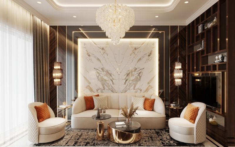 Trần thạch cao phòng khách Tân cổ điển kết hợp đèn thả sang trọng Trần thạch cao phòng khách Tân cổ điển kết hợp đèn thả sang trọng