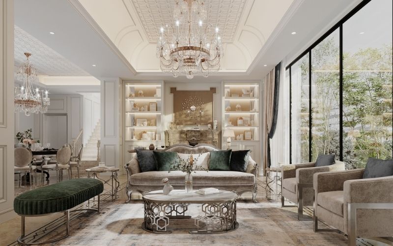 Trần thạch cao phòng khách Tân cổ điển với hoa văn chạm khắc tỉ mỉ Trần thạch cao phòng khách Tân cổ điển với hoa văn chạm khắc tỉ mỉ