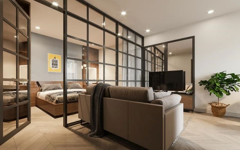 Mẫu vách ngăn phòng khách và phòng ngủ nhôm kính dạng cửa, bố trí cây xanh Vách ngăn phòng khách và phòng ngủ nhôm kính dạng cửa