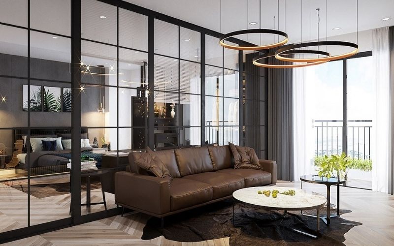 Mẫu vách ngăn phòng khách và phòng ngủ nhôm kính, nhấn điểm đèn thả sang trọng Vách ngăn phòng khách và phòng ngủ nhôm kính cho nhà chung cư