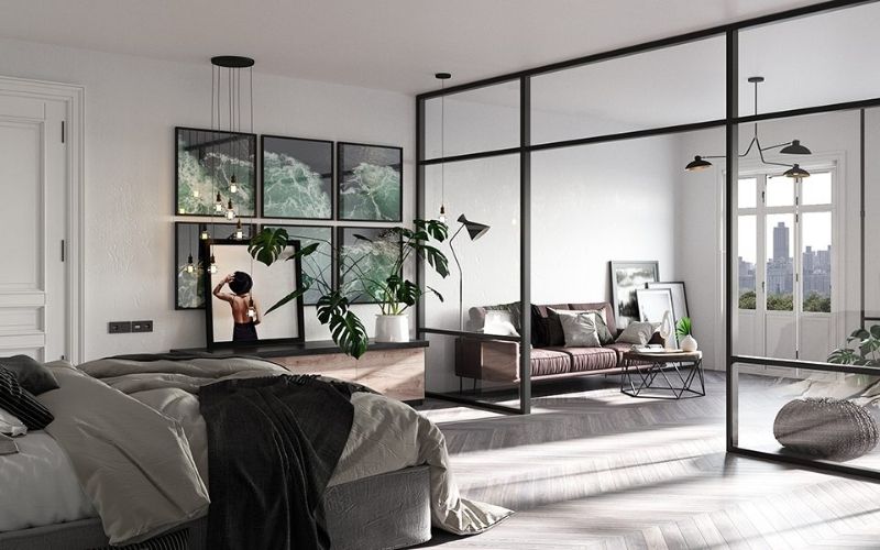 Mẫu vách ngăn phòng khách và phòng ngủ nhôm kính, trang trí tranh treo tường Vách ngăn phòng khách và phòng ngủ nhôm kính, trang trí tranh treo tường