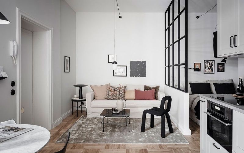 Mẫu vách ngăn phòng khách và phòng ngủ nhôm kính, bố trí nội thất đơn giản Vách ngăn phòng khách và phòng ngủ nhôm kính, bố trí nội thất đơn giản