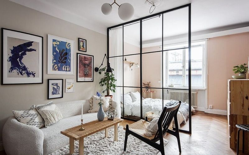 Mẫu vách ngăn phòng khách và phòng ngủ nhôm kính, bố trí cây xanh tươi mát Mẫu vách ngăn phòng khách và phòng ngủ nhôm kính, bố trí cây xanh tươi mát