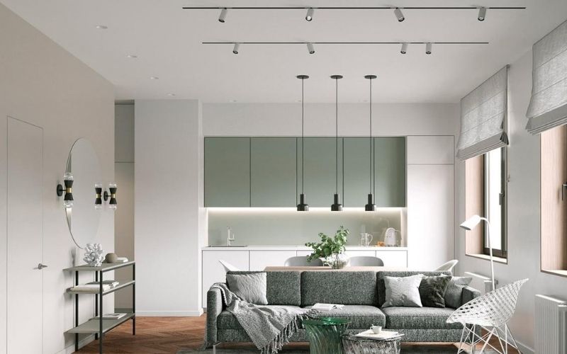 Phòng khách liền bếp sơn màu trắng sứ, bố trí nội thất tiện nghi Phòng khách liền bếp sơn màu trắng sứ, bố trí nội thất tiện nghi