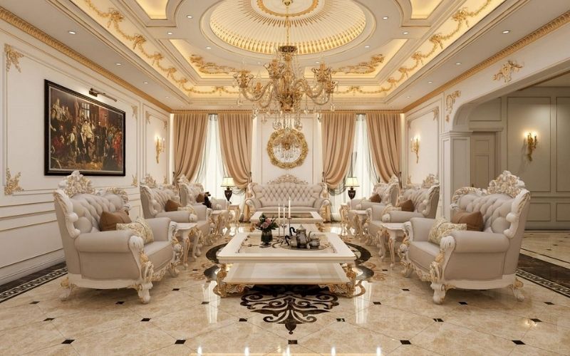 Trần thạch cao phòng khách cổ điển đầy sang trọng với nhiều chi tiết dát vàng Trần thạch cao phòng khách cổ điển đầy sang trọng với nhiều chi tiết dát vàng