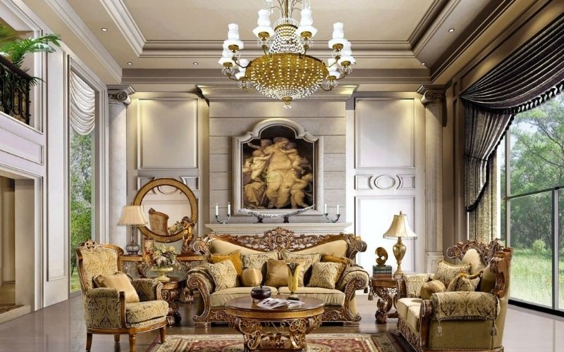 Trần thạch cao phòng khách cổ điển theo phong cách Châu Âu quý phái Trần thạch cao phòng khách cổ điển theo phong cách Châu Âu quý phái