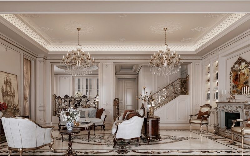 Trần thạch cao phòng khách cổ điển đầy khí chất vương giả với gam màu trắng Trần thạch cao phòng khách cổ điển đầy khí chất vương giả với gam màu trắng