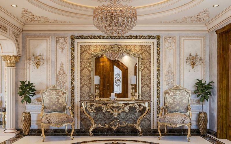Phòng khách cổ điển với trần thạch cao có nhiều chi tiết chạm trổ công phu Phòng khách cổ điển với trần thạch cao có nhiều chi tiết chạm trổ công phu