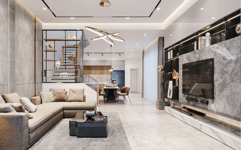 Mẫu vách ngăn phòng khách và cầu thang kiểu kệ sắt để đồ tiện lợi Mẫu vách ngăn phòng khách và cầu thang kiểu kệ sắt để đồ tiện lợi