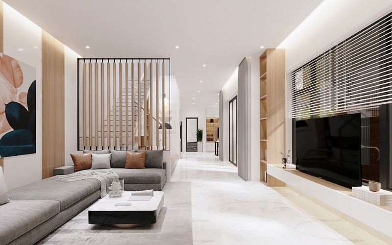 Mẫu vách ngăn phòng khách và cầu thang lam sắt, bố trí đèn led hiện đại Mẫu vách ngăn phòng khách và cầu thang lam sắt, bố trí đèn led hiện đại