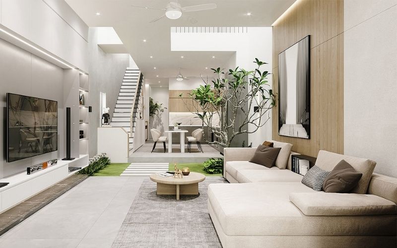 Mẫu vách ngăn phòng khách và cầu thang bê tông ngăn không gian hợp lý Mẫu vách ngăn phòng khách và cầu thang bê tông ngăn không gian hợp lý