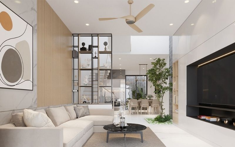 Mẫu vách ngăn phòng khách và cầu thang bằng kệ sắt, nhấn điểm quạt trần Vách ngăn phòng khách và cầu thang bằng kệ sắt, nhấn điểm quạt trần