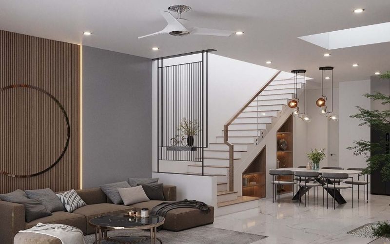 Mẫu vách ngăn phòng khách và cầu thang lam sắt, nhấn điểm tường ốp gỗ Mẫu vách ngăn phòng khách và cầu thang lam sắt, nhấn điểm tường ốp gỗ