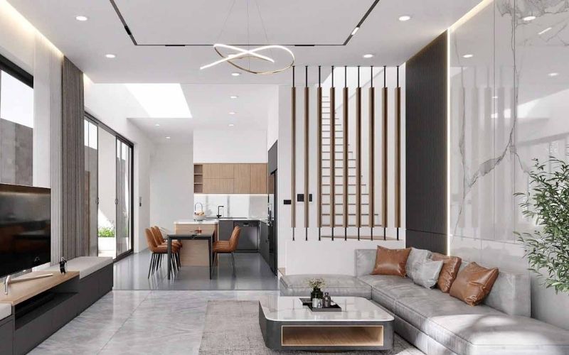 Mẫu vách ngăn phòng khách và cầu thang lam sắt bọc gỗ hiện đại Mẫu vách ngăn phòng khách và cầu thang lam sắt bọc gỗ hiện đại