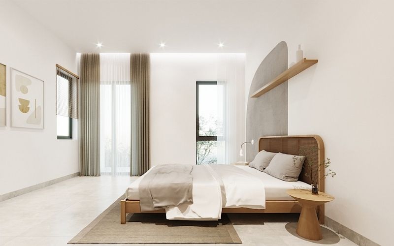 Phòng ngủ màu trắng sứ với nội thất gỗ đơn giản, nhấn điểm tranh treo tường Phòng ngủ màu trắng sứ với nội thất gỗ đơn giản, nhấn điểm tranh treo tường