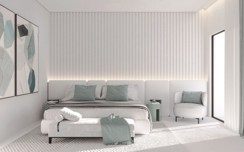 Phòng ngủ màu trắng sứ, nội thất gam màu trắng - xanh lá độc đáo Phòng ngủ màu trắng sứ, nội thất gam màu trắng - xanh lá độc đáo