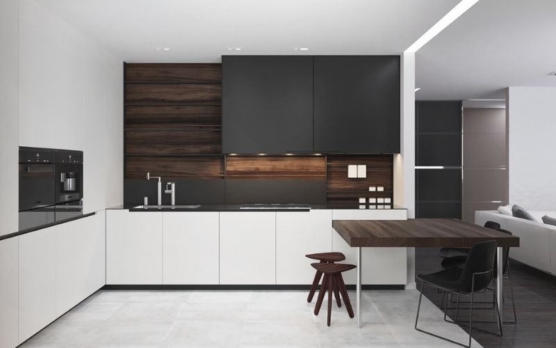 Phòng bếp màu trắng sứ với tủ bếp bằng gỗ ốp tường thanh lịch Phòng bếp màu trắng sứ với tủ bếp bằng gỗ ốp tường thanh lịch