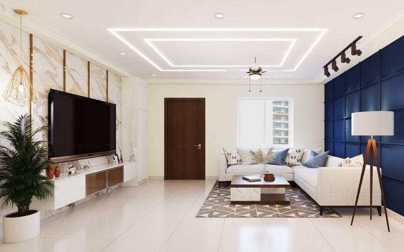 Trần giật cấp kín phòng khách kết hợp đèn thả, bố trí cây xanh thoáng đãng Trần giật cấp kín phòng khách kết hợp đèn thả, bố trí cây xanh thoáng đãng