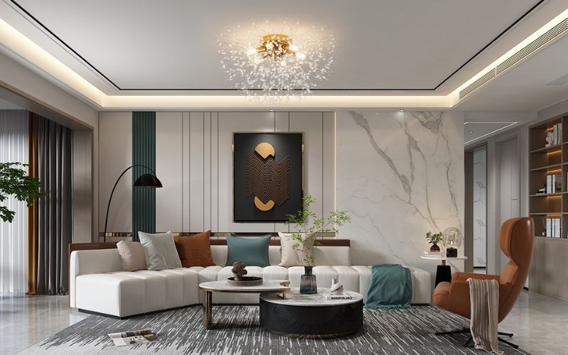 Trần giật cấp kín kết hợp đèn thả, tạo chiều sâu cho phòng khách Trần giật cấp kín kết hợp đèn thả, tạo chiều sâu cho phòng khách