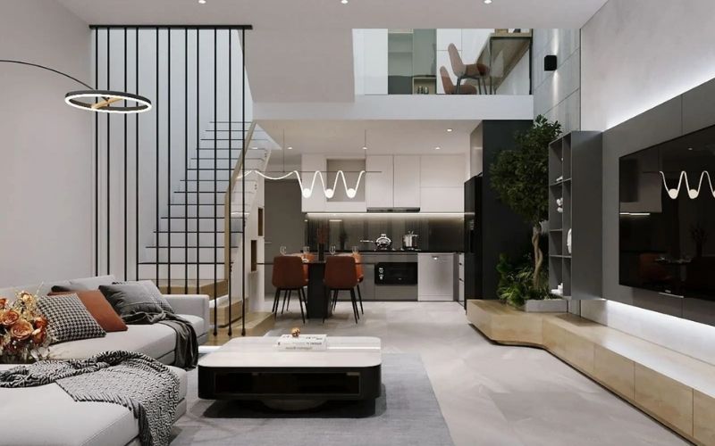 Nhà ống màu trắng sứ phong cách hiện đại, bố trí vách ngăn cầu thang Nhà ống màu trắng sứ phong cách hiện đại, bố trí vách ngăn cầu thang