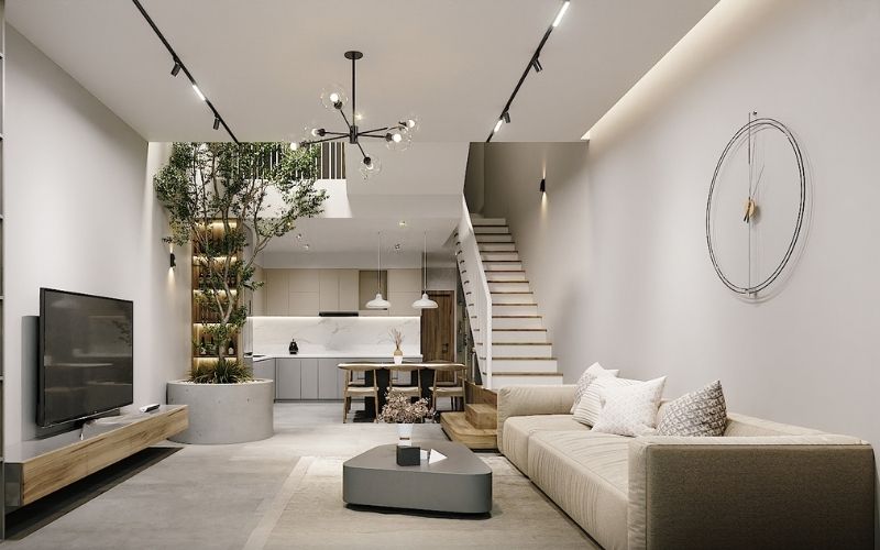 Nhà ống màu trắng sứ, nội thất đơn giản, bố trí cây xanh tươi mát Nhà ống màu trắng sứ, nội thất đơn giản, bố trí cây xanh tươi mát