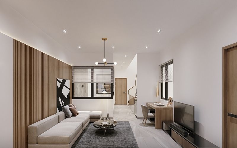 Nhà ống màu trắng sứ với nội thất gỗ, nhấn điểm đèn thả lạ mắt Nhà ống màu trắng sứ với nội thất gỗ, nhấn điểm đèn thả lạ mắt